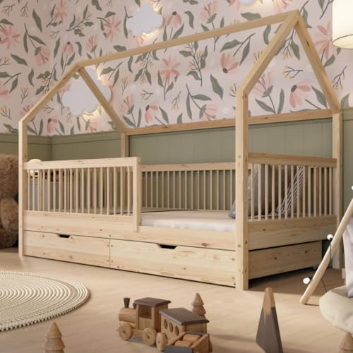 Crazy Pine Montessori Hausbett mit Schubladen Crazy Folly 160x80 cm Natur