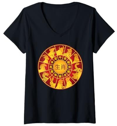 Femme Signes du Zodiaque Chinois Animaux Chinois Nouvel an Chinois T-Shirt avec Col en V