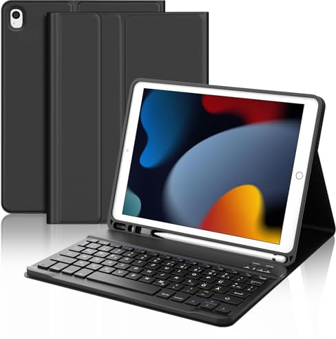 Occtingkind Funda para iPad 10,2 con teclado para iPad de 10,2 pulgadas (2019/2020/2021 7/8/9), funda extraíble con Bluetooth, disposición QWERTZ alemana, USB-C, negro, sin iluminación ni panel táctil