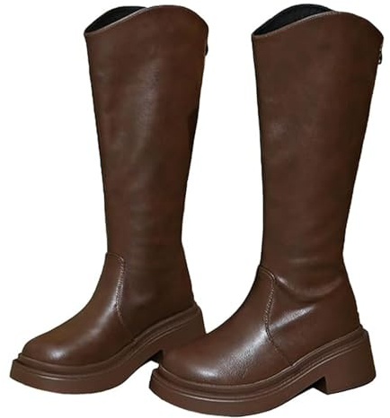 MASHANGGOU Botas altas de tacón grueso para mujer, punta redonda, corte ajustado, botas de cuero impermeables y no deslizantes, marrón, 35 EU