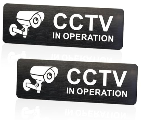CCTV in Operation Sign, 2Pcs Aluminium CCTV Sign with Self-Adhesive, 15 * 5cm Brushed Metal, Waterproof UV-Resistant Camera Signs Outdoor for Home, Office, Store, Warehouse