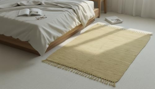 Elegant Floors® Chindi Teppich BEIGE 140x200 cm handgewebt aus Baumwolle – nachhaltiger Flachgewebe Teppich aus recycelten Stoffstreifen, wendbar, pflegeleicht und langlebig
