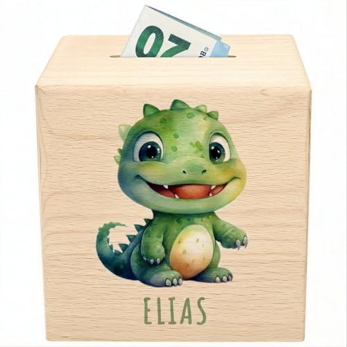 Dino Spardose für Kinder personalisiert Sparbox aus Holz T-Rex Sparschwein mit Schlüssel Taufgeschenk für Jungen Mädchen Holzspardose