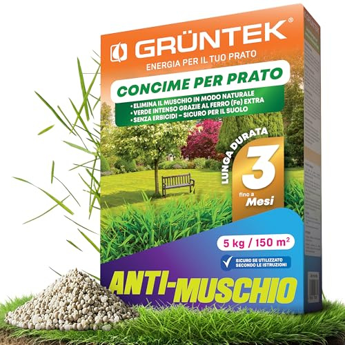 GRÜNTEK Moos-Stop Universaldünger bei Moos und Algen, Pflanzendünger, Rasendünger für Moosanfällige Flächen im ganzen Garten, Verdrängt Natürlich, Rasen Regenerieren, 4-Phasen-System, 5kg