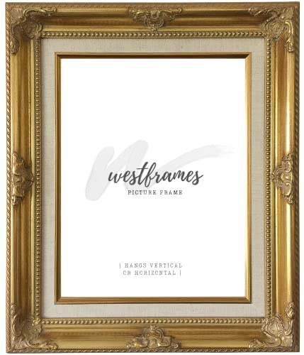 West Frames Estelle Antique Wood Baroque Picture Frame 3 Wide (Gold Natural Linen Liner, 11 x 14 Empty Frame Only, No Plexiglass)