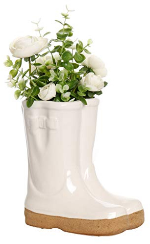 Dibor White Ceramic Double Wellington Boot Indoor/Outdoor Plant Pot | Ceramic, Wellington Boot Planter, Plant Pot, Flower Pot, Planter, Drainage Hole, Removable Stopper