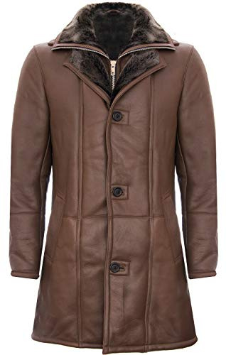 Infinity Leather Herren Warm Braun Nappa Leder Shearling Schaffell Trench Pilot Jacke Mantel L