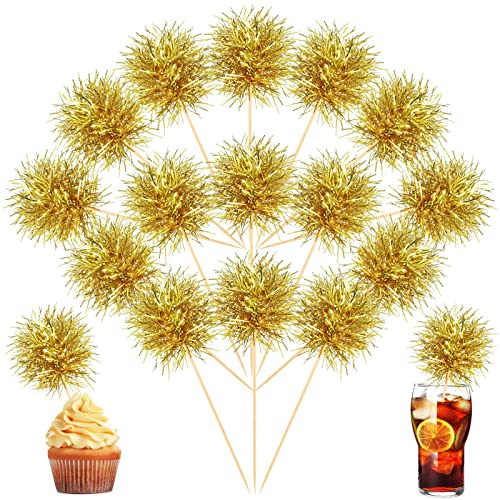 Chinco 100 Pcs Foil Firework Cupcake Toppers Gold Sparkle Tinsel Cake Toppers New Years Cake Decoration Cocktail Fruit Toothpick for Birthday Wedding Graduation Party