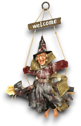 KORAT Befana Decorativa con Luci e Suoni in Resina con Scopa Statuetta Artigianale Decorazione Vari Modelli e Colori Idea Regalo Epifania (Appendino Befana - 40 cm - Luci e Suoni)