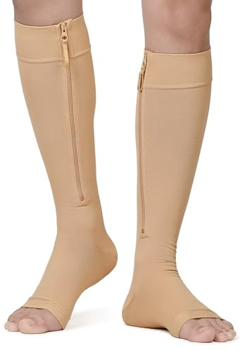 NURCOM Zipper Copper Compression Socks Open Toe Beige 20-30 mmHg Knee High Stockings, Designed for Circulation, Varicose Veins, Swelling, Venous Insufficiency, Post-Operative Recovery, 2X-Large