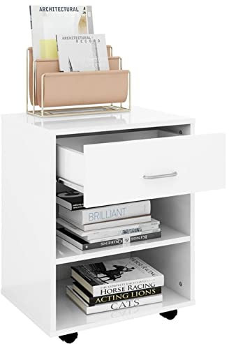 Gecheer Rollschrank Rollcontainer mit Fächern & Schubladen Bürocontainer Büroschrank Aktenschrank Spanplatte Hochglanz-Weiß 46x36x59 cm