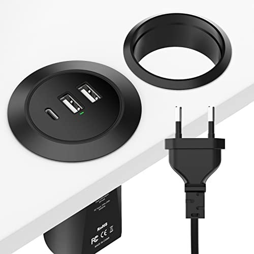 GeeRic Chargeur USB de Bureau à 3 Ports, œillet d'alimentation de Bureau 45 W, 3 USB (1 USB C, 2 USB A) multiprise Ronde de Bureau à Montage encastré avec rallonge de 6,4 Pieds Prise Plate, Noir