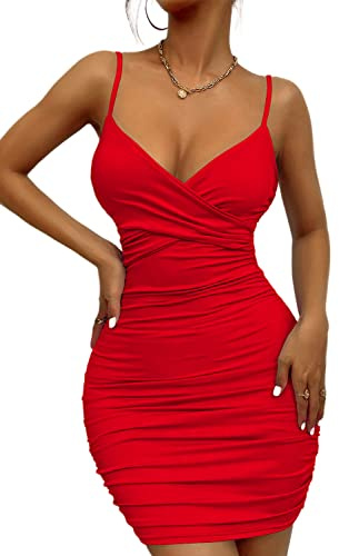 Zesoyne Womens Sexy Mini Bodycon Ruched Tank Dress Spaghetti Strap Vneck Party Short Wrap Cami Clubwear Outfit M Red