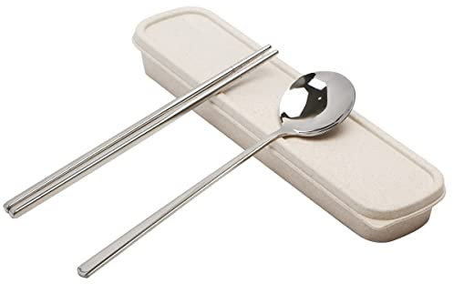 Exzact Chopsticks and Spoon Set in a Case, 18/10 Stainless Steel Cutlery, Durable, Reusable - Portable Travel Camping Lunchbox - Korean & Japanese Bento -Dishwasher Safe