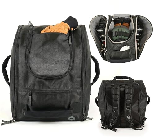 StoreYourBoard Ski Boot Bag Backpack for Ski Helmet & Snowboard Helmet – Waterproof Ski Bag with Compartments for Ski Goggles Men, Snowboarding Goggles, Ski Gloves Women & Ski Accessories, Black 58.5L