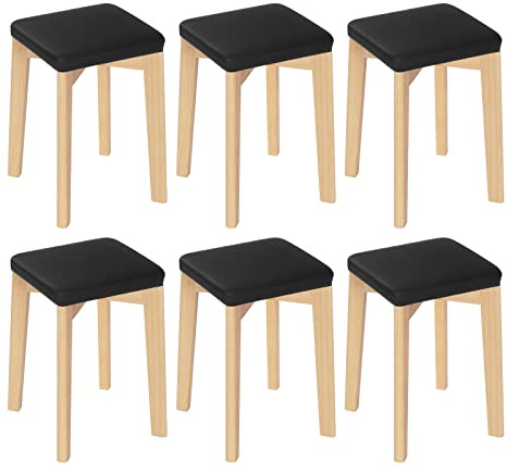 WOLTU Holzhocker 6er Set Massivholz Gepolstert Schwarz | PU-Bezug 32,5x47x32,5 cm Esszimmerhocker Küchenstuhl