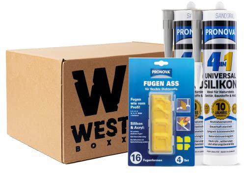 W West Boxx Set aus 2x 4 in 1 Universal Silikon in Sandgrau und Fugen-Ass Fugenglätter, Universalsilikon ideal für Sanitär, Naturstein & Holz für außen und innen
