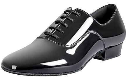 Linodes Men's Latin Dance Shoes 1 Inch Leather Sole Ballroom Salsa Tango Waltz Character Shoe-Black Patent-9.5M