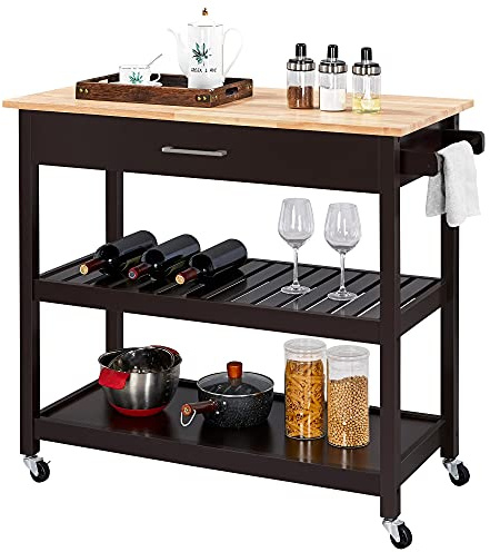 Yaheetech Carrello su ruote, piano di lavoro, mobile da cucina, 101 x 51 x 92 cm, 2 ruote con freno, 1 cassetto, 2 ripiani espresso