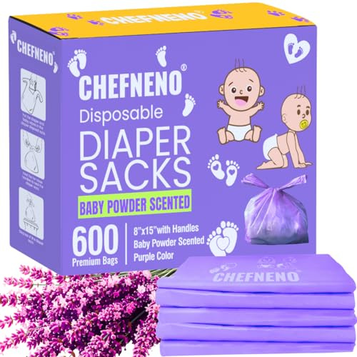 Baby Disposable Diaper Sacks (600 ct.) Fresh Baby Powder Scented, Easy-Tie Diaper Sacks Disposal Bulk Diaper Sacks Dog Poop Bags Cat Litter Waste Bags Sanitary Pads Disposal Bags (600 Bags, Purple)