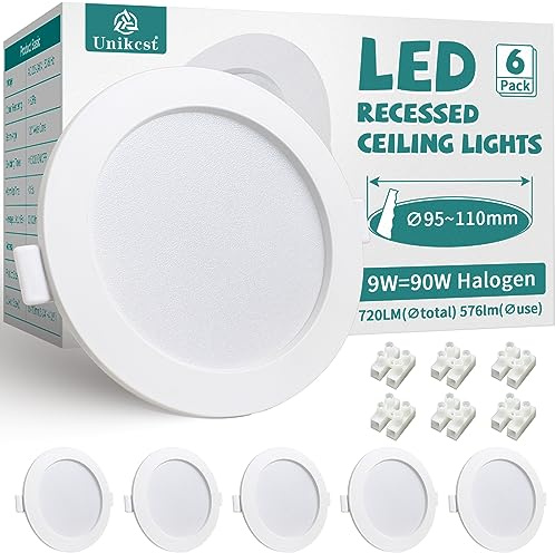 Unikcst 6er Set LED Einbaustrahler 9W 230V Einbauleuchten Neutralweiß | Runde Einbauspots Weiß, 720lm helles Licht, Ø95-110mm, flaches Design, für Wohnzimmer Küche Schlafzimmer Flur