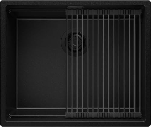 PRIMAGRAN Evier Cuisine en Granit au Meuble 60cm + Kit de Vidage, 56x47cm | Set: Kit de Vidage (Siphon, bonde d’évacuation, trop-plein) + Égouttoir Enroulable + Lavabo 1 Bac - Prague, Tout Noir