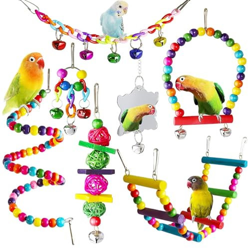 Fhioevt 7 Stück Vogelspielzeug Papageienspielzeug Vogel Spielzeug Glocke Holzleiter Vogelschaukel Bunte Wellensittiche Spielzeug Kauspielzeug für Nymphensittiche Sittiche Vogelkäfig Zubehör