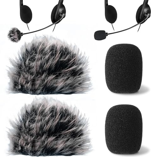 PAGOW 4 Pcs Mini Foam Microphone Windscreens ＆ Furry Cover, High Density Mic Headset Cover, Lapel Microphone Windscreen for Lavalier Microphones Noise Reduction (2pcs Foam + 2pcs Furry)