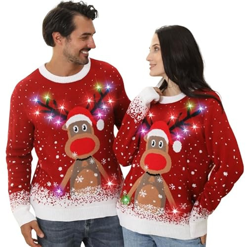 Kouric Maglione Natalizio Uomo con Luci, Maglione Natalizio Donna Divertenti, Girocollo Maglioni Natalizi Famiglia LED Ugly Christmas Sweater, Brutti Maglioni di Natale per Uomo/Donna/Coppia/Bambino
