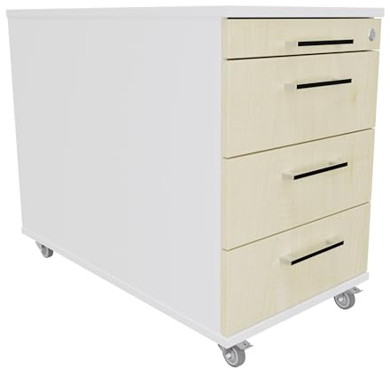 Eigentlich Rollcontainer 80 cm tief, 3 Schubladen und Materialauszug, Rollschrank B43xT80xH65 cm abschließbar, Schreibtischunterschrank versch. Farben (Korpus Weiß, Front Ahorn)