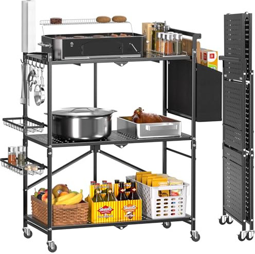 DTUQYX Faltbarer Outdoor-Grillwagen mit 3 Ebenen, Grillwagen, Grilltisch für den Außenbereich mit 2 Totalverriegelungsrollen, Pizzaofen-Ständertisch, rollbarer Grilltisch und zusammenklappbarer
