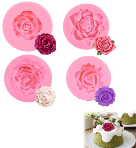 4 Stücke 3D Silikonblütenform, Rose Blume Fondant Silikonformen, Gießformen Kerzen, Anwendbar auf Blume Blühen Rose für Kuchen, Dekoration Schokolade, Süßigkeit Herstellung