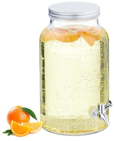 Relaxdays Getränkespender, Limobehälter 5L, Vintage-Design, Zapfhahn und Deckel, Wasserspender, aus Glas, transparent
