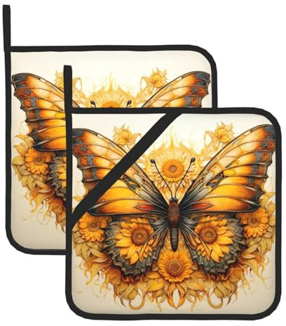 Set di 2 presine a forma di girasole e farfalle, da usare per cuocere a microonde, servire il forno e grigliare