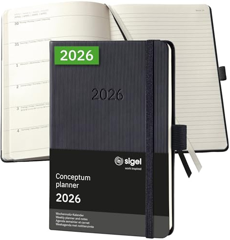 SIGEL C2615 Terminplaner Wochennotiz-Kalender 2026, ca. A6, schwarz, Hardcover, 176 Seiten, Gummiband, Stiftschlaufe, Archivtasche, aus nachhaltigem Papier, Kalenderbuch Conceptum