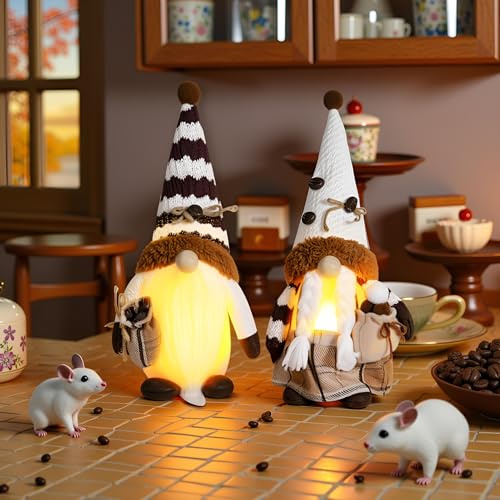 ACAREY 2 Stück Kaffee Wichtel mit LED Licht, Herbstdeko Sommer Deko Wichtel Figuren mit Beleuchtung, Erntedankfest Plüsch Rudolph Puppe Schwedischer Tomte Wichtel für Außen & Innen Deko