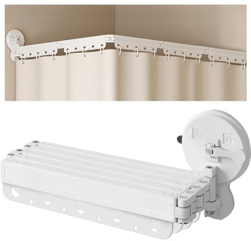EHERDM Asta per tenda da doccia pieghevole a parete con ventose senza punzonatura a 360° pieghevole per tenda da doccia per bagno angolare vasca da bagno portabiancheria retrattile 5 pieghe 172,7 cm