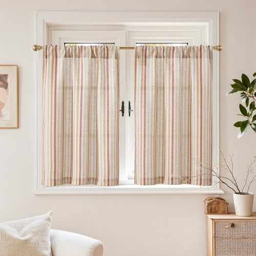 TOPICK 2er Set H 60 x B 65 (cm) Gestreifte Scheibengardinen modern Leinen Gardinen mit Streifen Küchenvorhang Blickdicht Kurz Küchengardinen für Küchen lichtdurchlässig Klein Fenster Gemischte Rot