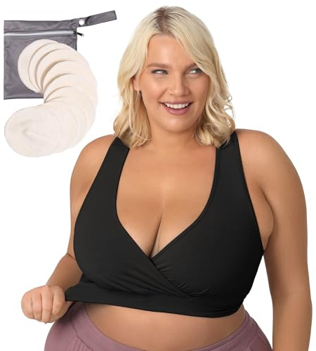 Kindred Bravely French Terry Racerback Nursing Sleep Bra (Black, Large) & Organic Washable Breast Pads Bundle