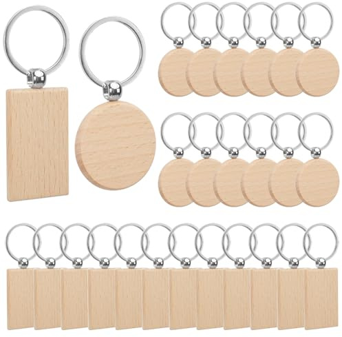 24 Pezzi Portachiavi in Legno Grezzo, Portachiavi Fai Da Te Grezzi Rotondi e Rettangolari con Anello per Pittura, Decorazione con Pietre, Fai Da Te, Regali