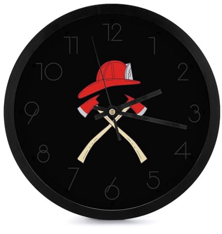 Fire Axe Firefighter Round Wall Clock Silent Non Ticking 10 Inch Clocks Easy to Read for Office Home Kitchen Black-style