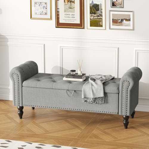 Ckaff Banc Bout de lit Banquette, Coffre de Rangement Ottomane Repose-Pieds Rembourré Pouf Pliable Banc de Chaussures 132 x 45 x 53 cm, Repose-Pieds pour Entrée Salon Chambre à Coucher, Lin, Gris