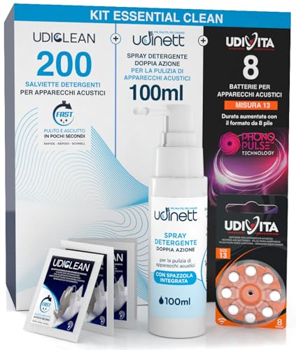 8 Batterie per Apparecchi Acustici Misura 13 PR48 Arancione + 200 Salviette Detergenti Udiclean Formato Tascabile + Spray Detergente con Spazzola Integrata Udinett 100ml - Kit Essential Clean