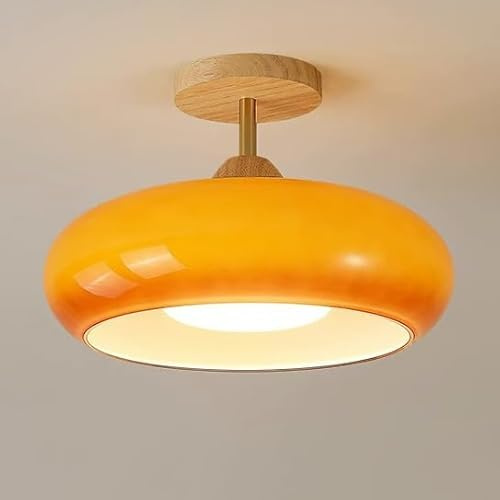 OOWOKS Retro Deckenleuchte Glas Vintage – E27 Deckenlampe Rund aus Holz mit Orange Lampenschirm und kurzem Metallstab, halbbündige Mid Century Leuchte für Wohnzimmer, Schlafzimmer, Küche, Flur