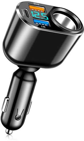 ONGNIUU 4 en 1 Cargador de Coche, 90W Cargador Coche Mechero Carga Rápida USB [Tipo C & Doble USB A Puertos] Car Charger con Voltímetro LED para Teléfonos Móviles, Tabletas, Grabadoras de Coche, MP3