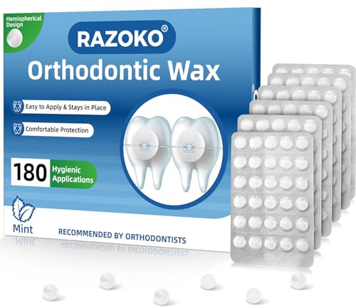 Orthodontiewachs für Zahnspangen – 180 Wachsperlen, Minzgeschmack | Hygienische Einzelverpackungen, starke Haftung an Brackets und Drähten | Vorgeschnittene Halbkugeln, starke Haftung beim Essen, einzeln verpackt, lebensmittelecht und glutenfrei