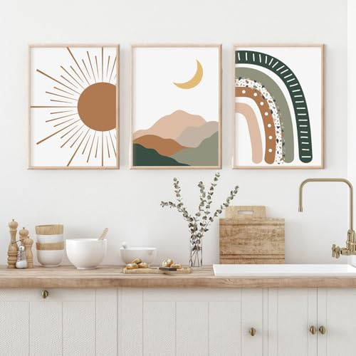 Xiyocadt 3-teiliges Poster Set Poster Kinderzimmer Jungen & Mädchen,Regenbogen,Sonne,Mond, Boho,Bilder Babyzimmer Deko,für Jungen Wohnzimmer Schlafzimmer Wanddeko, Ohne Rahmen Wandbilder (40x50cm)