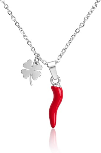 DEIMODRA Collana Corno Portafortuna e Quadrifoglio | Catena in Acciaio Inossidabile con Ciondoli Cornetto Napoletano Smaltato Rosso | Colore Argento