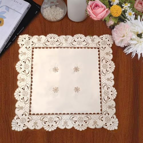 URROMA Quadratische Spitzendeckchen, hohler Druck, Blumen-Tischdecke, bestickte Tischdekoration, Spitzen-Tischsets für Kommoden und Beistelltische, 60 x 60 cm