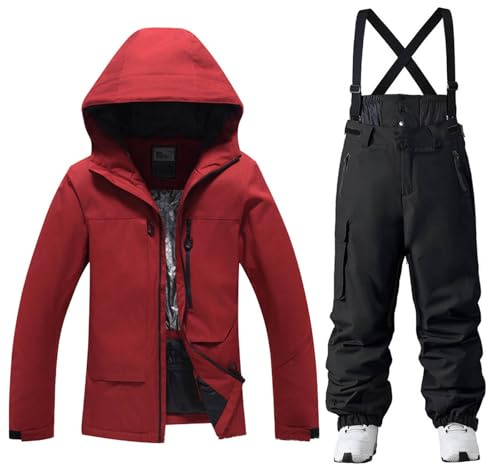 YEEFINE Men's Ski Suit Two Piece Waterproof Ski Red Jacket and Black Pants Set Windproof Winter Snow Coat Warm Snowsuits